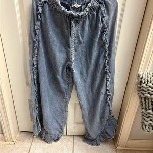 Easel Blue Ruffle-Trim Denim Pants